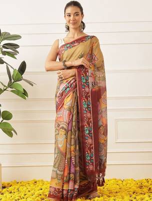 Tan printed cotton blend ethnic saree with blouse piece 1