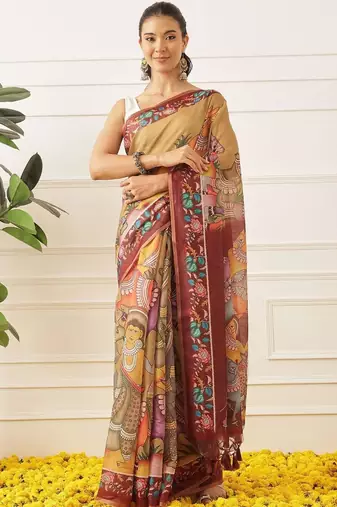 Tan printed cotton blend ethnic saree with blouse piece