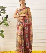 Tan printed cotton blend ethnic saree with blouse piece