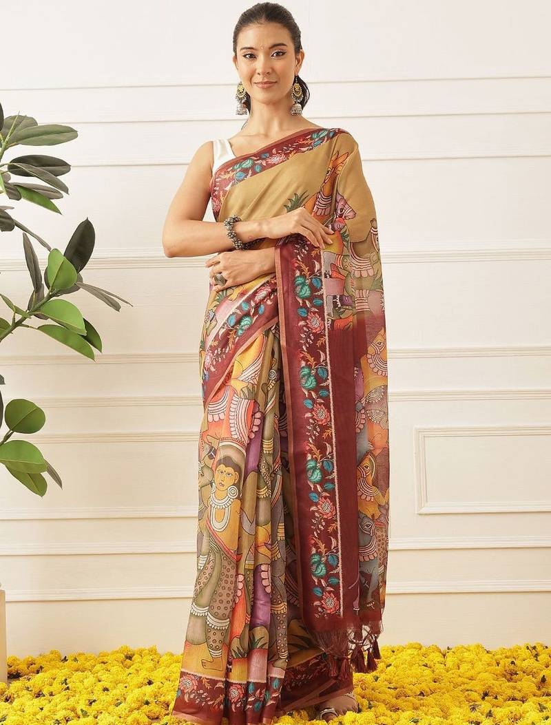 Tan printed cotton blend ethnic saree with blouse piece