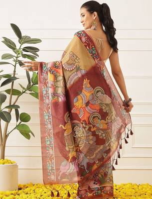 Tan printed cotton blend ethnic saree with blouse piece 2
