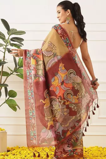 Tan printed cotton blend ethnic saree with blouse piece