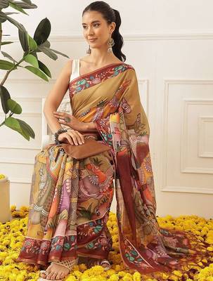 Tan printed cotton blend ethnic saree with blouse piece 3