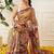 Tan printed cotton blend ethnic saree with blouse piece