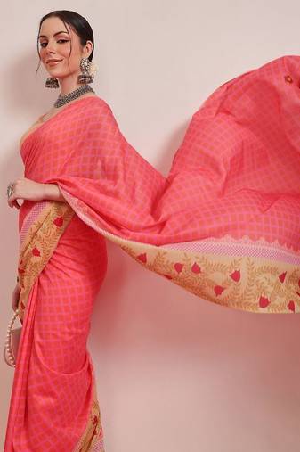 Pink printed cotton blend ethnic saree with blouse piece