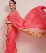 Pink printed cotton blend ethnic saree with blouse piece