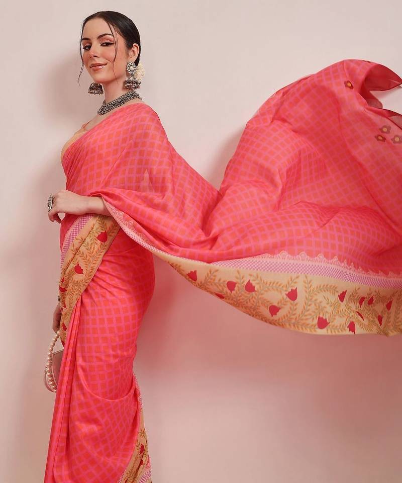 Pink printed cotton blend ethnic saree with blouse piece