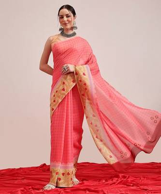 Pink printed cotton blend ethnic saree with blouse piece 2