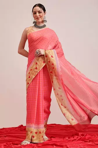 Pink printed cotton blend ethnic saree with blouse piece