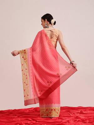 Pink printed cotton blend ethnic saree with blouse piece 3