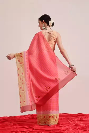 Pink printed cotton blend ethnic saree with blouse piece