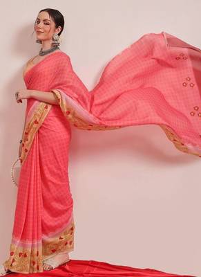 Pink printed cotton blend ethnic saree with blouse piece 4