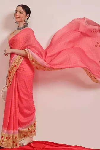 Pink printed cotton blend ethnic saree with blouse piece