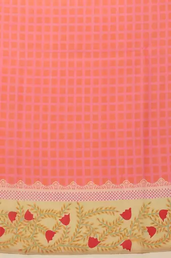 Pink printed cotton blend ethnic saree with blouse piece