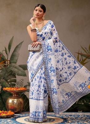 White printed cotton blend ethnic saree with blouse piece 1