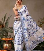 White printed cotton blend ethnic saree with blouse piece