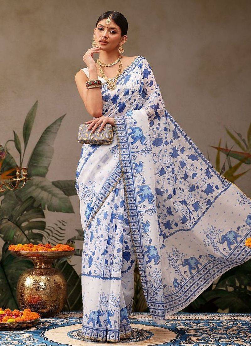 White printed cotton blend ethnic saree with blouse piece