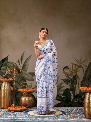 White printed cotton blend ethnic saree with blouse piece 2