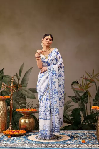 White printed cotton blend ethnic saree with blouse piece