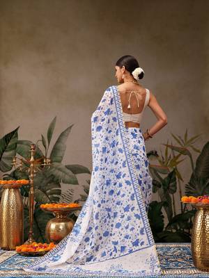 White printed cotton blend ethnic saree with blouse piece 3