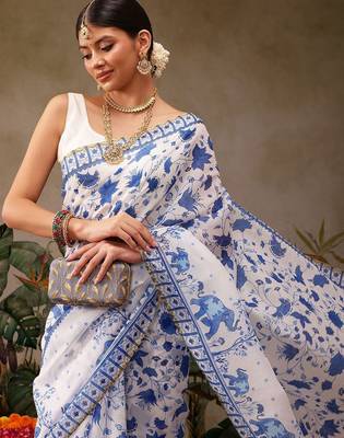 White printed cotton blend ethnic saree with blouse piece 4