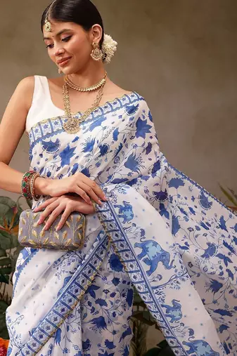 White printed cotton blend ethnic saree with blouse piece
