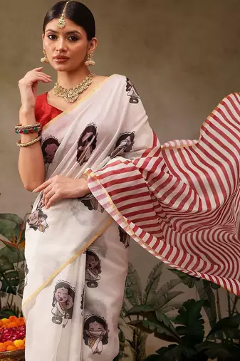 Beige printed cotton blend ethnic saree with blouse piece