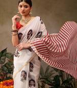 Beige printed cotton blend ethnic saree with blouse piece
