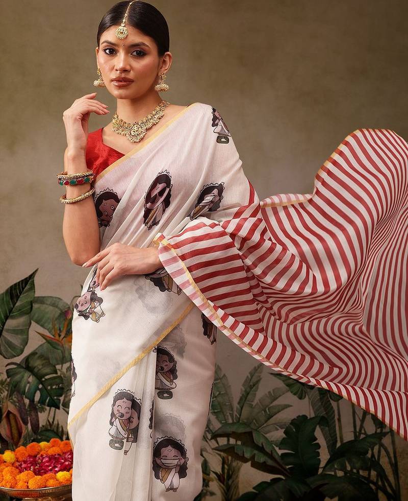 Beige printed cotton blend ethnic saree with blouse piece