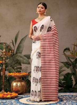 Beige printed cotton blend ethnic saree with blouse piece 2