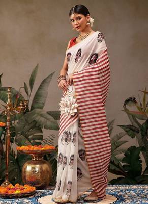 Beige printed cotton blend ethnic saree with blouse piece 3