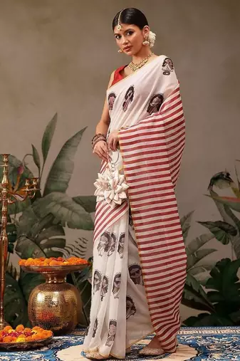 Beige printed cotton blend ethnic saree with blouse piece