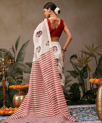 Beige printed cotton blend ethnic saree with blouse piece 4