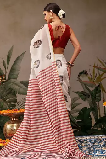 Beige printed cotton blend ethnic saree with blouse piece