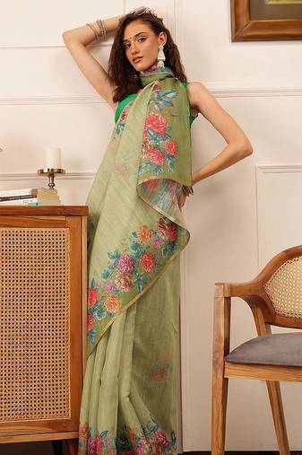 Green printed silk cotton ethnic saree with blouse piece