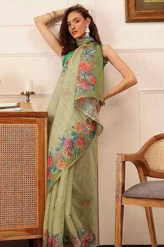 Green printed silk cotton ethnic saree with blouse piece