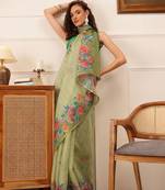 Green printed silk cotton ethnic saree with blouse piece