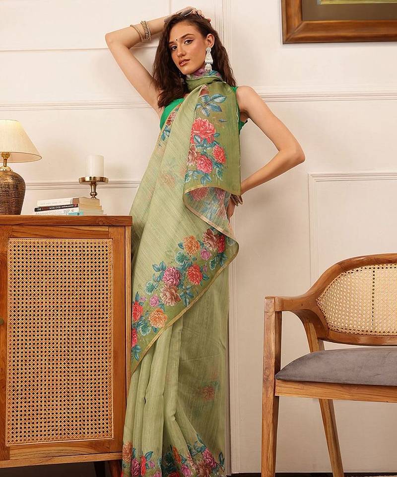 Green printed silk cotton ethnic saree with blouse piece