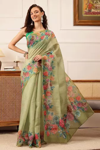 Green printed silk cotton ethnic saree with blouse piece