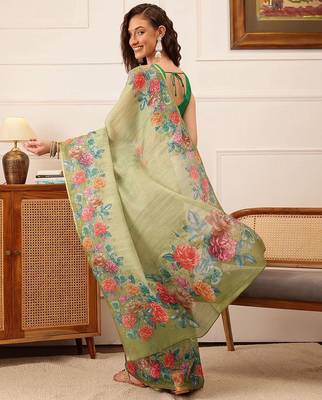 Green printed silk cotton ethnic saree with blouse piece 3