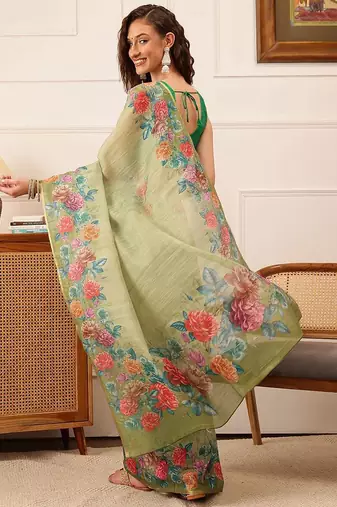 Green printed silk cotton ethnic saree with blouse piece