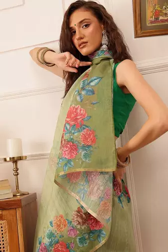 Green printed silk cotton ethnic saree with blouse piece