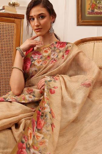 Beige printed silk cotton ethnic saree with blouse piece