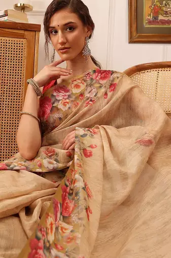 Beige printed silk cotton ethnic saree with blouse piece
