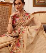 Beige printed silk cotton ethnic saree with blouse piece