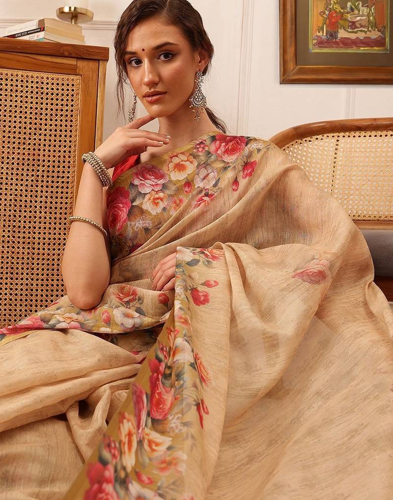Beige printed silk cotton ethnic saree with blouse piece
