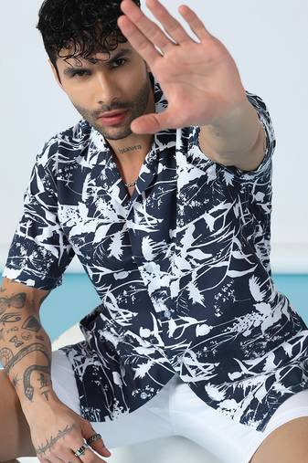 Aurora leaf printed blue half sleeves shirt