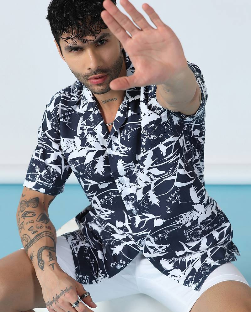 Aurora leaf printed blue half sleeves shirt