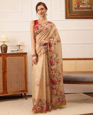 Beige printed silk cotton ethnic saree with blouse piece 2