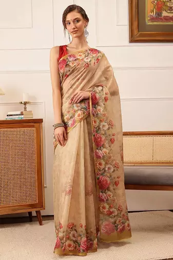 Beige printed silk cotton ethnic saree with blouse piece